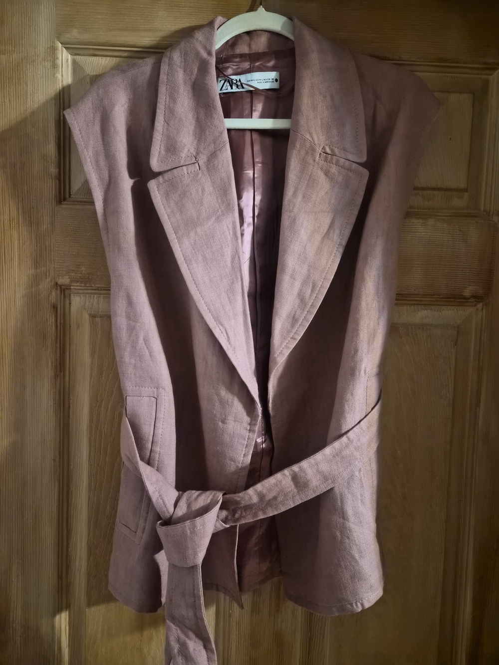 ZARA Mauve Pink Sleeveless Belted Linen-Blend Blazer